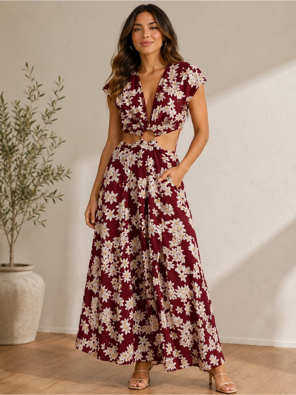 Ina Burgundy Floral Cutout Maxi Dress